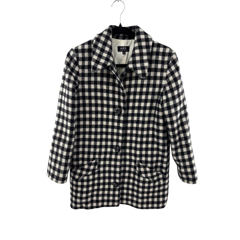 APC Rue Madame Paris Gingham Wool Blend Coat Black White Plaid Size 38